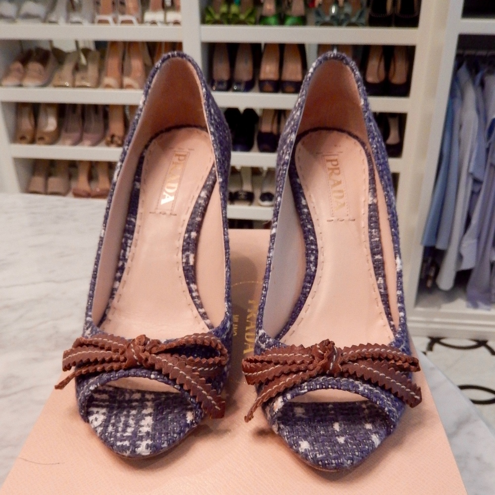 Prada Tweed Blue Wedges with Bows Size 39